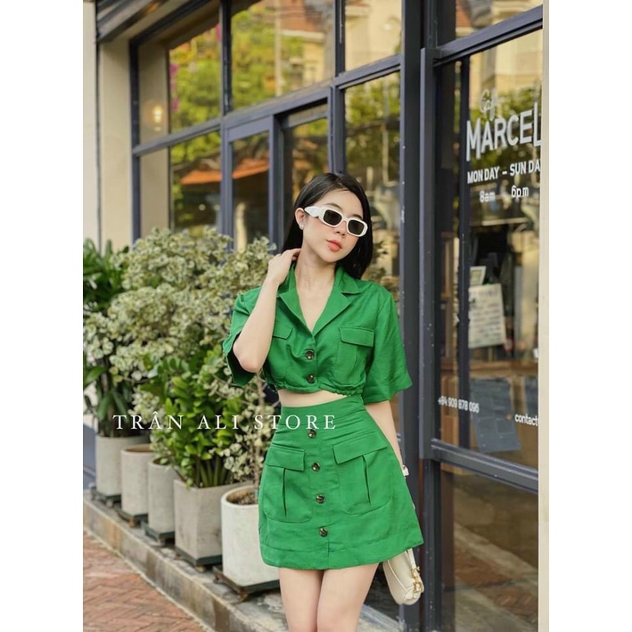 SÉT VEST CHÂN VÁY CHẤT KATE THÔ ÁO NẮP TÚI PHỐI NÚT CỰC XINH LUNG LINH VLTN SHOP