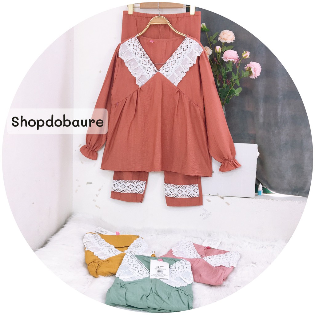 Bộ bầu và sau sinh vải đũi,cổ ren dài tay có khóa kéo cho bé bú sau sinh