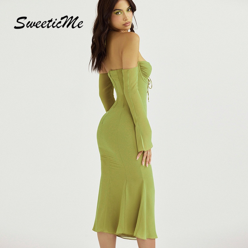 Đầm Voan Tay Dài Cổ Yếm Cột Dây Kiểu Dáng Mới Của SweeticMe Dành Cho Nữ
