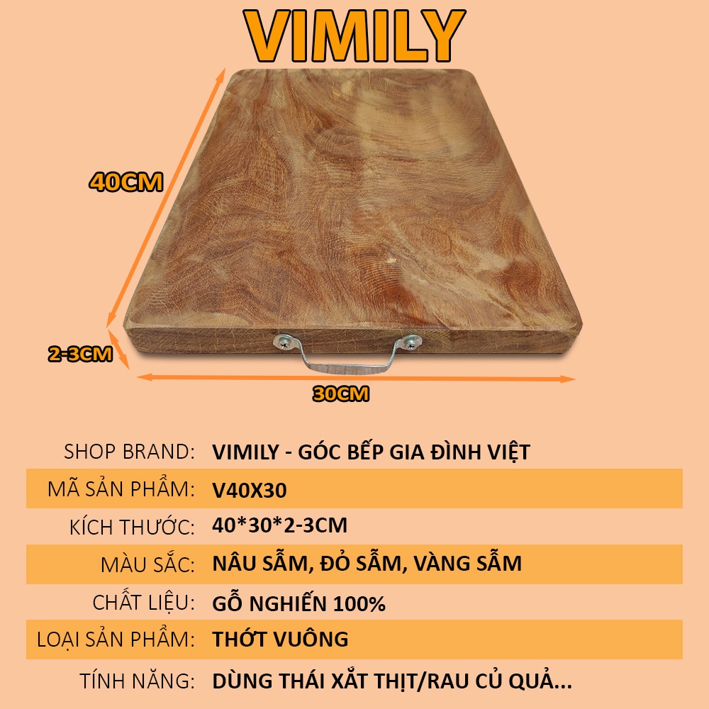 Thớt gỗ nghiến Tây Bắc núi đá vuông cắt thái xắt thức ăn cao cấp cực bền VIMILY kích thước 40x30x3cm