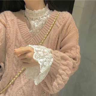 Áo Ren Lưới Tay Dài Màu Trắng Phong Cách Phương Tây Thời Trang Thu Đông Cho Nữ