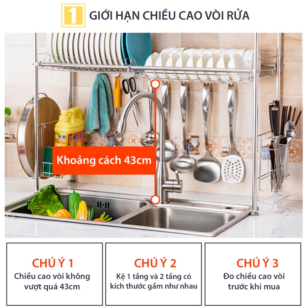 Giá kệ chén đĩa INOX chống gỉ hơn 10 năm kệ bát róc nước bồn rửa tiện lợi 1,2 tầng cao cấp Vando