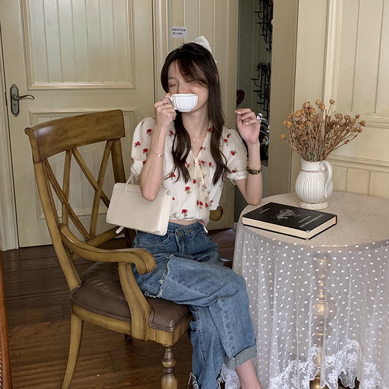 Áo Sơ Mi Voan Tay Phồng Cổ Chữ V Thêu Hoa Hồng Thời Trang Mùa Hè Cho Nữ