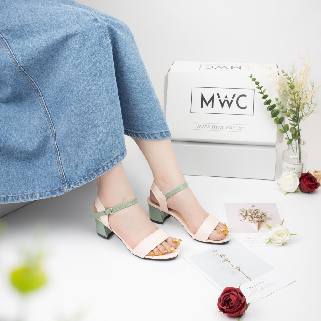 Giày Sandal Cao Gót MWC Đế Vuông 5CM Hở Mũi Quai Ngang Màu Xanh Nâu Sang Trọng NUCG-3920