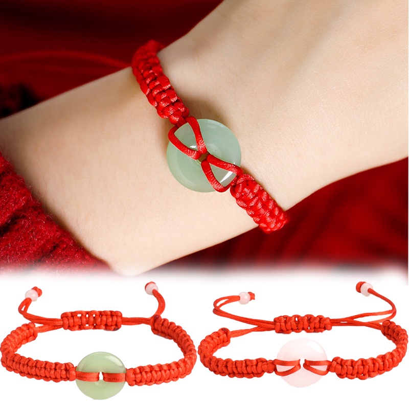 1 Vòng Tay Bện Dây Đỏ Mặt Ngọc Bích Giả Cho Cặp Đôi