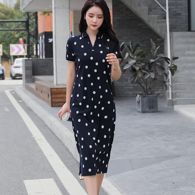 Đầm thun suông dáng dài chấm bi | BigBuy360 - bigbuy360.vn