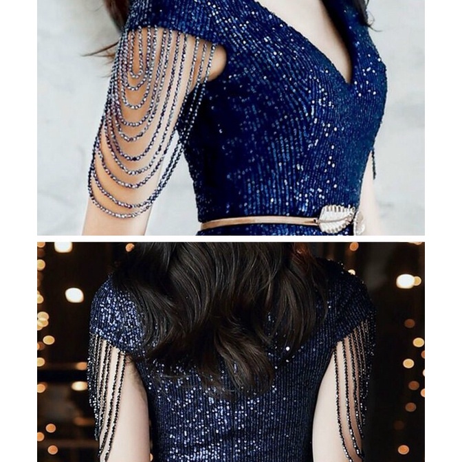 Đầm dạ hội kim sa tay kết đá cao cấp