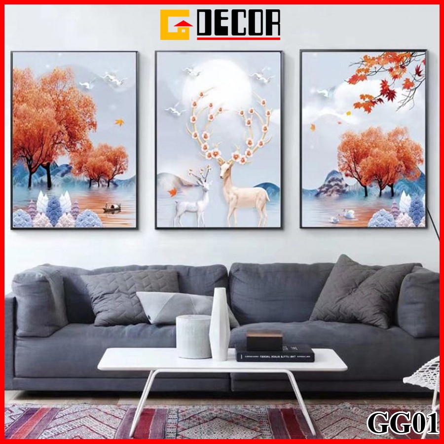 Tranh treo tường canvas khung gỗ 3 bức phong cách hiện đại Bắc Âu tranh hươu trang trí phòng khách phòng ngủ phòng ăn 01