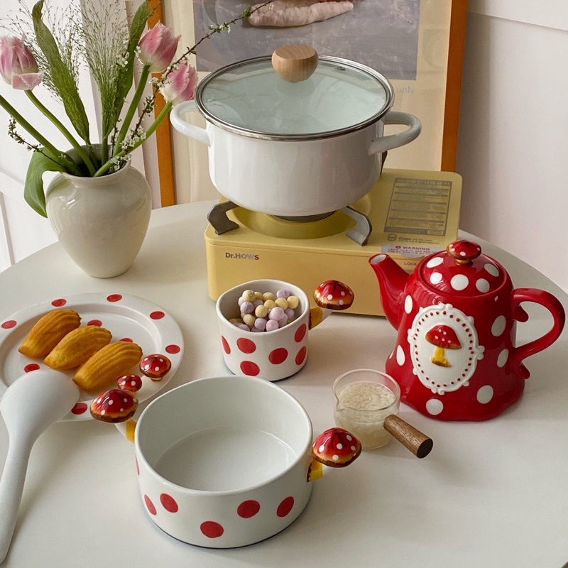 Set bát đĩa ấm tách gốm họa tiết dáng nấm siêu dễ thương