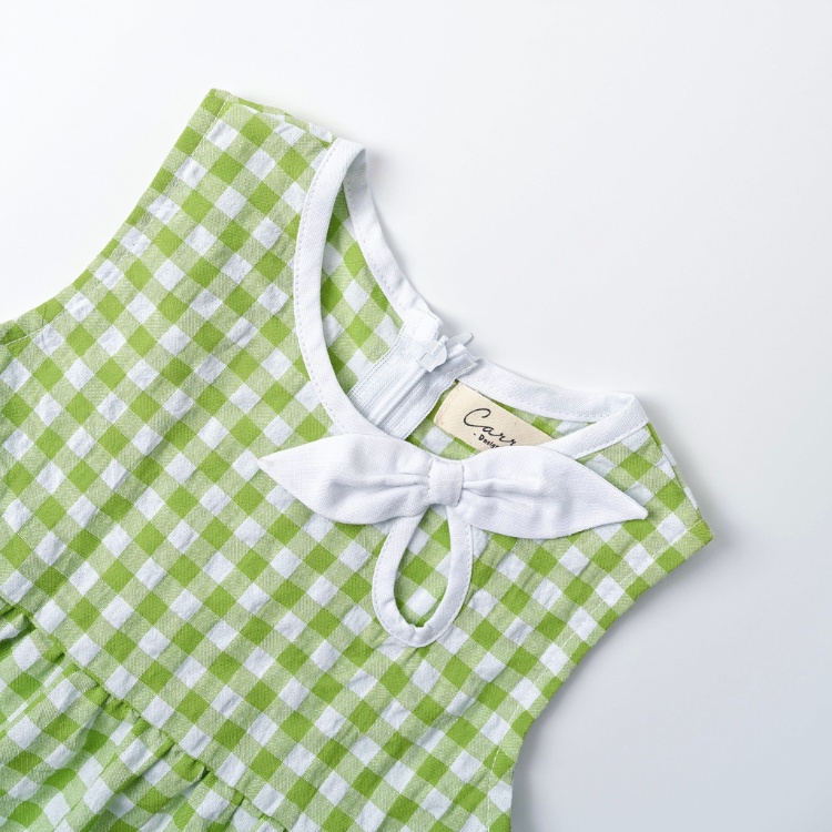 Váy Bé Gái Carrot Không Tay, Cổ Viền Nơ, Hoa Tiết Caro Xanh Cốm, Chất Thô Xốp Thoáng Mát Thấm Hút Mồ Hôi