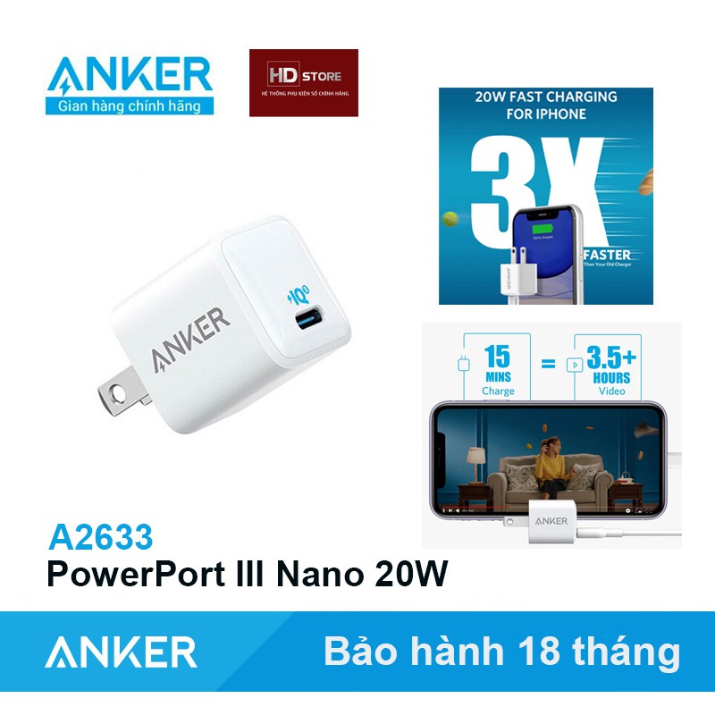 Sạc ANKER PowerPort Nano III 20W IQ3.0 Sạc nhanh PD Iphone - Mã A2633