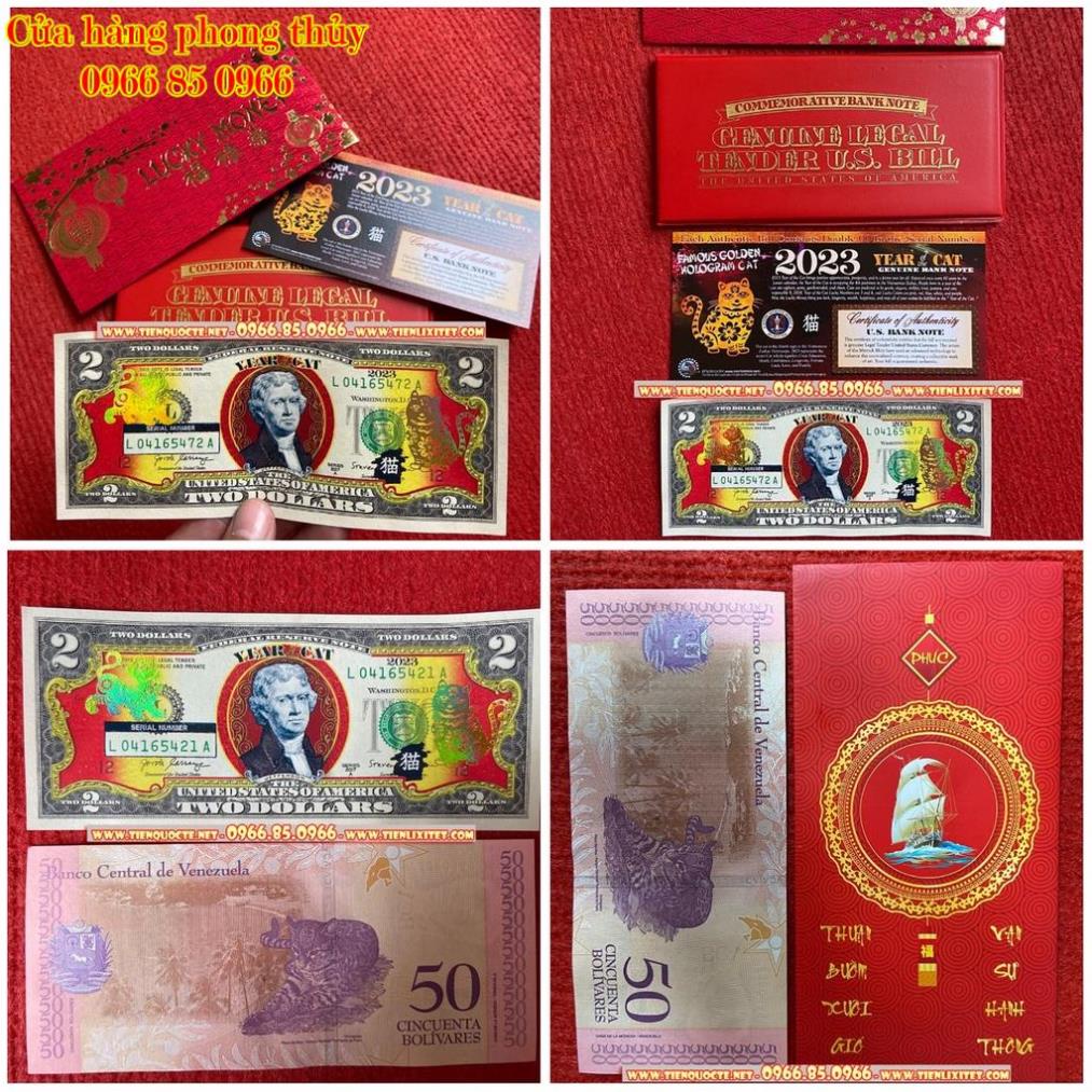 COMBO 2 món gồm tờ 2 USD In Hình Con mèo Mạ và.ng và tờ con mèo Venezuela Mừng Năm Quý Mão 2023