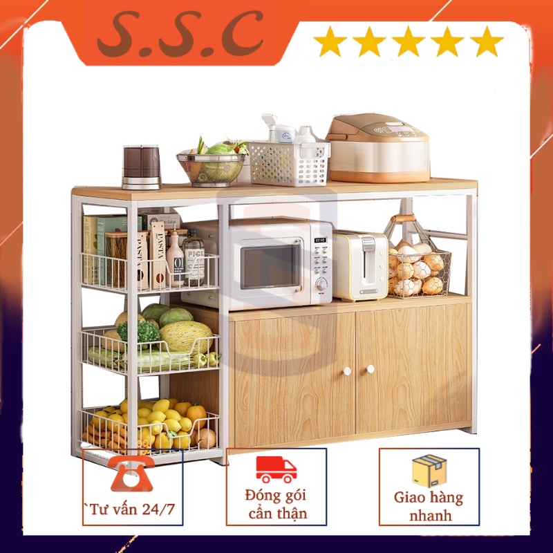 Kệ để nhà bếp 2 tầng kèm giỏ để đồ, tủ để lò vi sóng lắp ghép đa năng thông minh