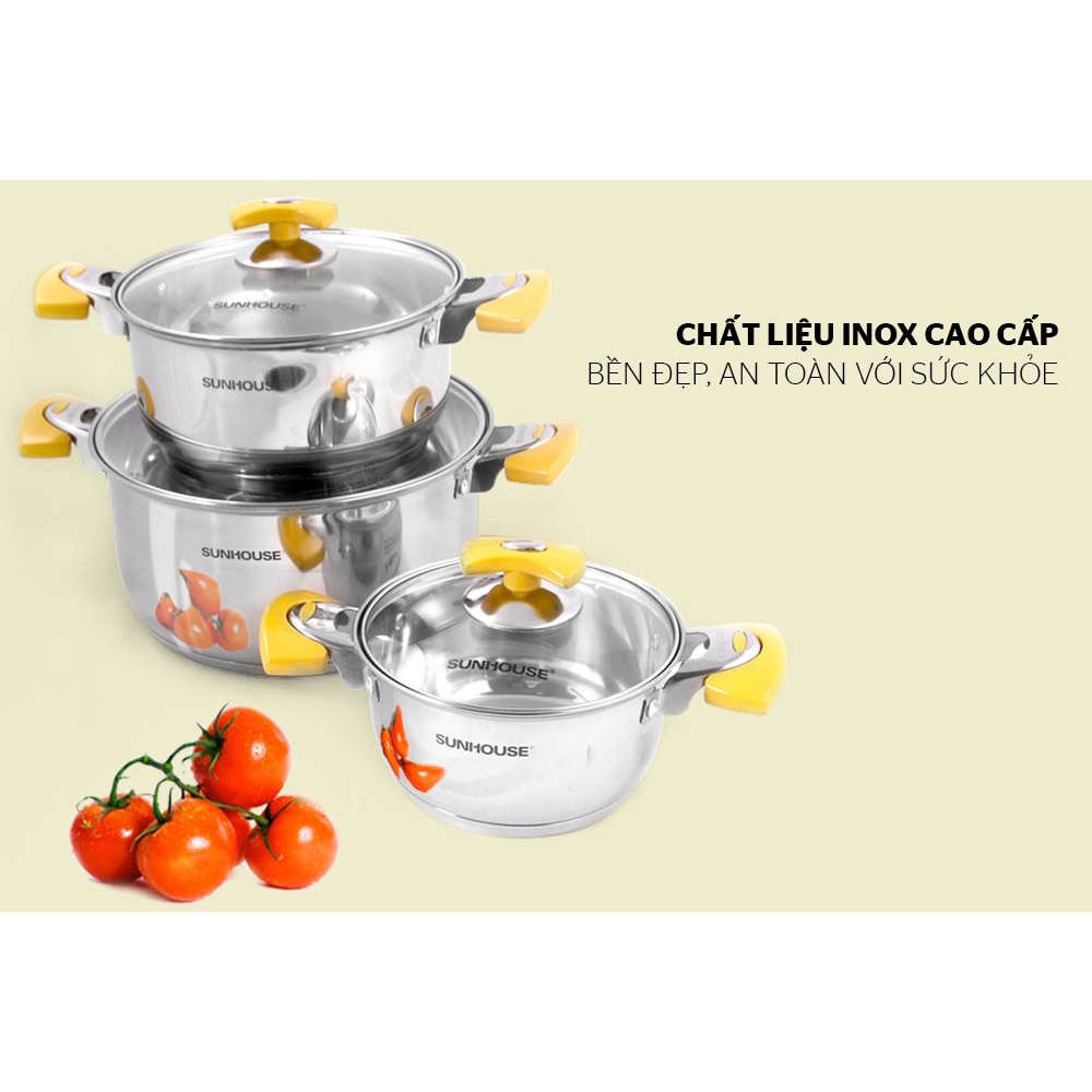 Bộ nồi inox 5 đáy Sunhouse SH787, Chất liệu inox cao cấp không bị oxy hoá, Sử dụng trên mọi loại bếp