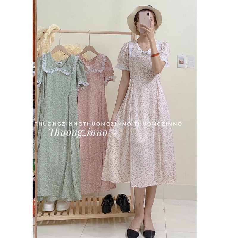 [Ảnh thật/Video]Váy hoa vintage cộc tay Thanh Lịch thiết kế cổ sen thêu hoa Đầm ulzzang hai lớp có thắt nơ eo