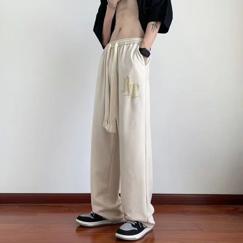 Quần âu nam Phong cách Hàn Quốc thời trang da hươu lông cừu nam giản dị thẳng quần cổ điển rt chữ in unisex dây rút ống rộng quần bình thường