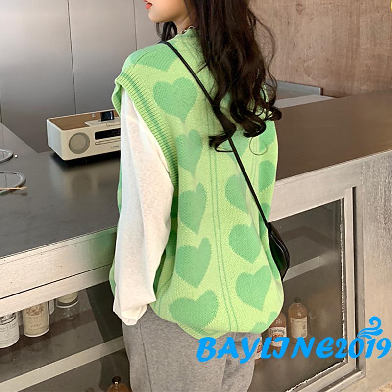 Áo len không tay cổ chữ V họa tiết trái tim màu sắc thời trang thu đông cho nữ