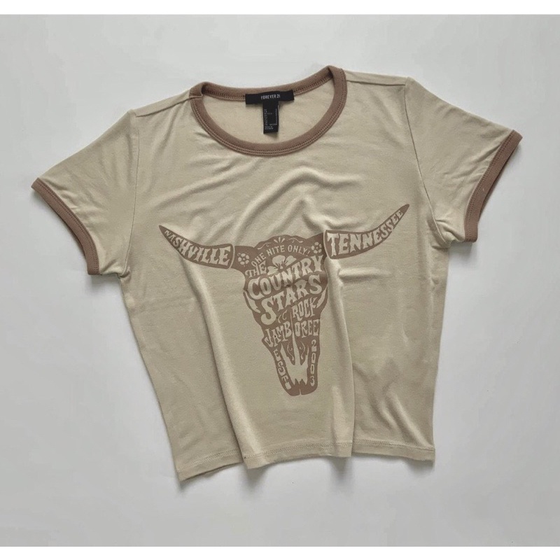 Áo croptop thun cotton kem in đầu trâu