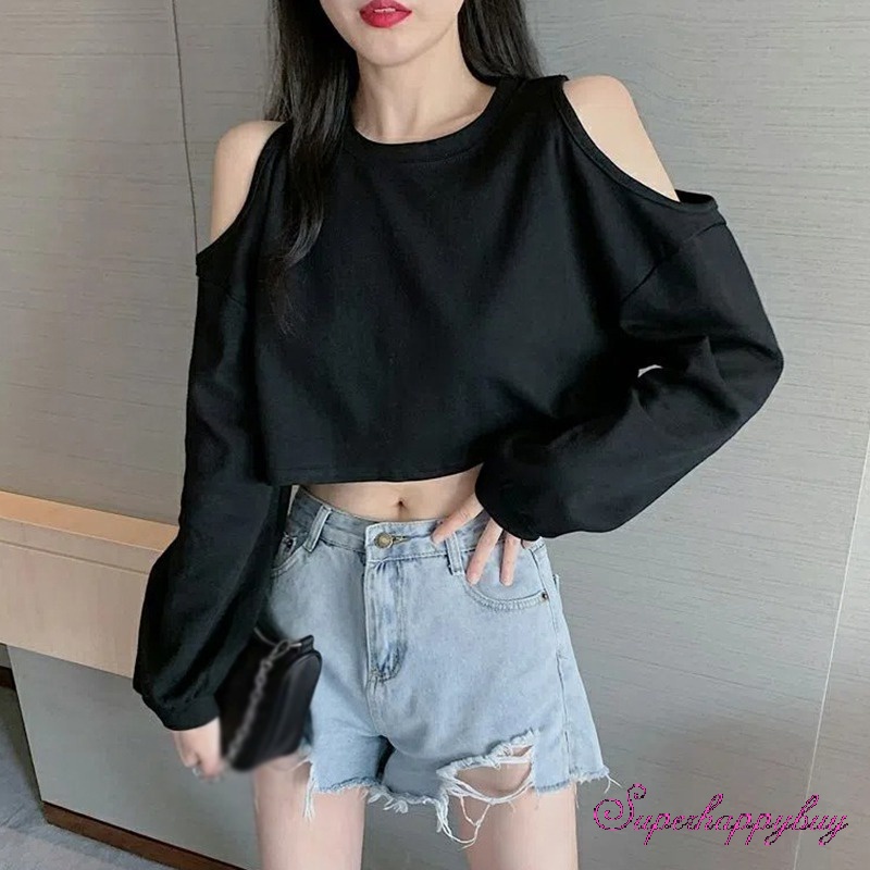 Áo Thun Tay Dài Cổ Tròn Dáng Rộng Hở Vai Màu Sắc Đơn Giản Dành Cho Nữ