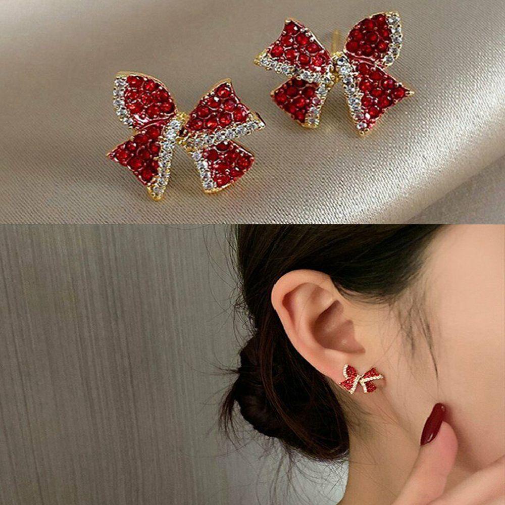 Bông Tai Dáng Dài Hình Nơ Đỏ Đính Đá Zircon MIHAN1 Thời Trang Cho Nữ|Trang Sức Đồng