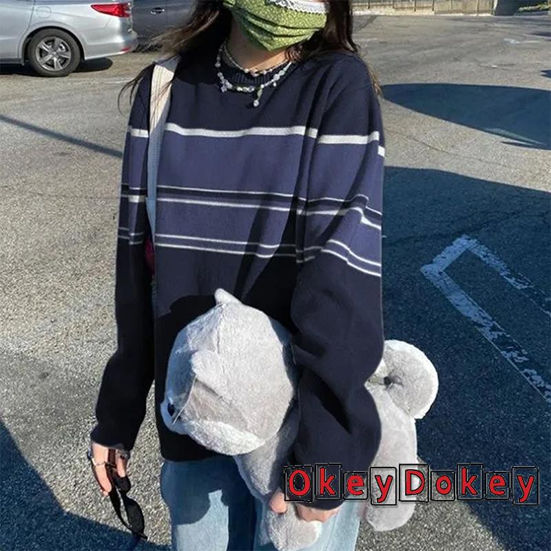 Áo Sweater Dệt Kim Y2K Dáng Rộng Co Giãn Phối Màu Tương Phản Cổ Điển Cho Nữ