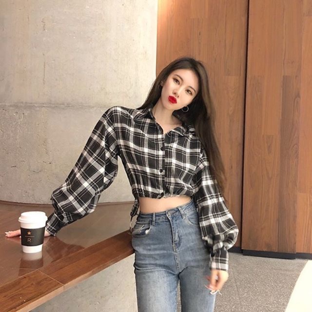 (Order/Video thật) Áo croptop sơ mi kẻ caro dài tay sexy cá tính ulzzang