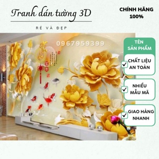 Tranh dán tường phòng khách, hoa mẫu đơn 3D in Vải Lụa Cao Cấp giá rẻ nhất