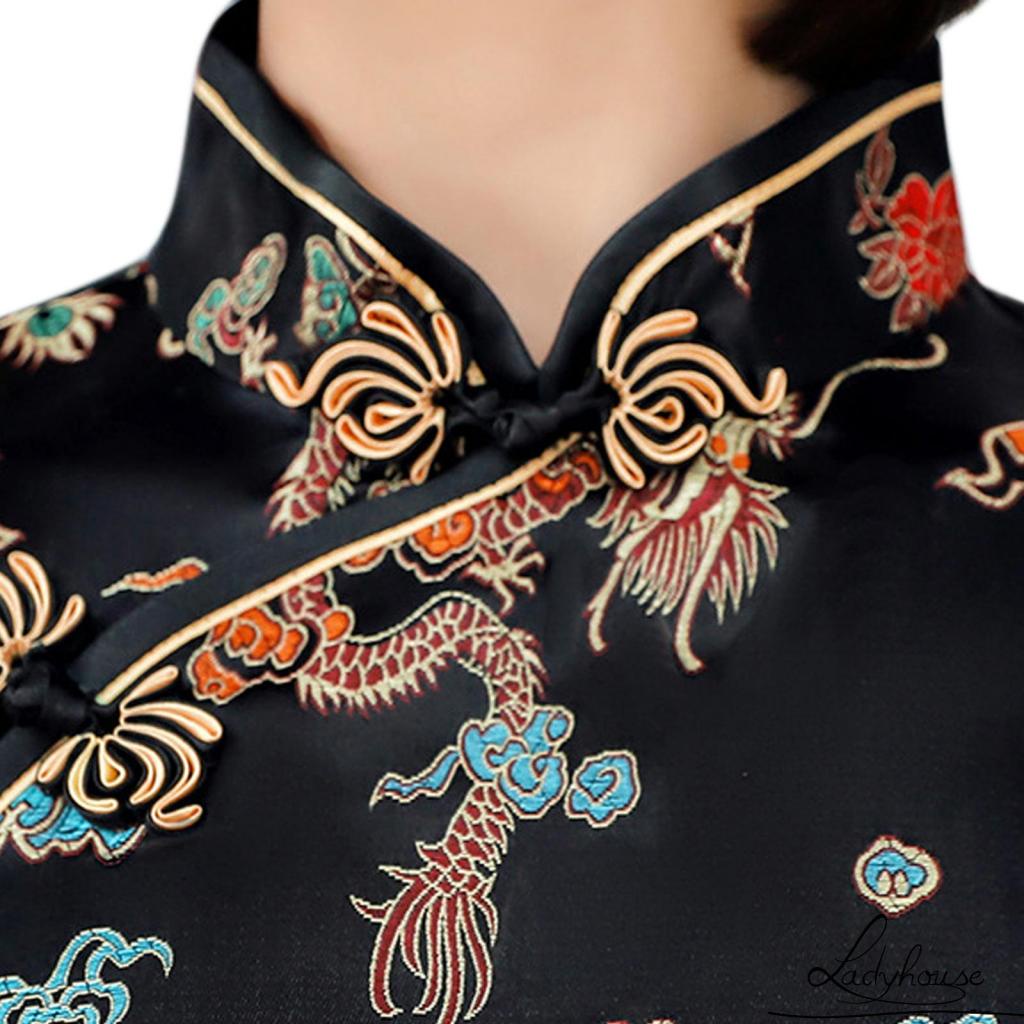 Đầm sườn xám tay ngắn xẻ tà in hình chim phượng hoàng phong cách Trung Hoa cổ điển thời trang cho nữ