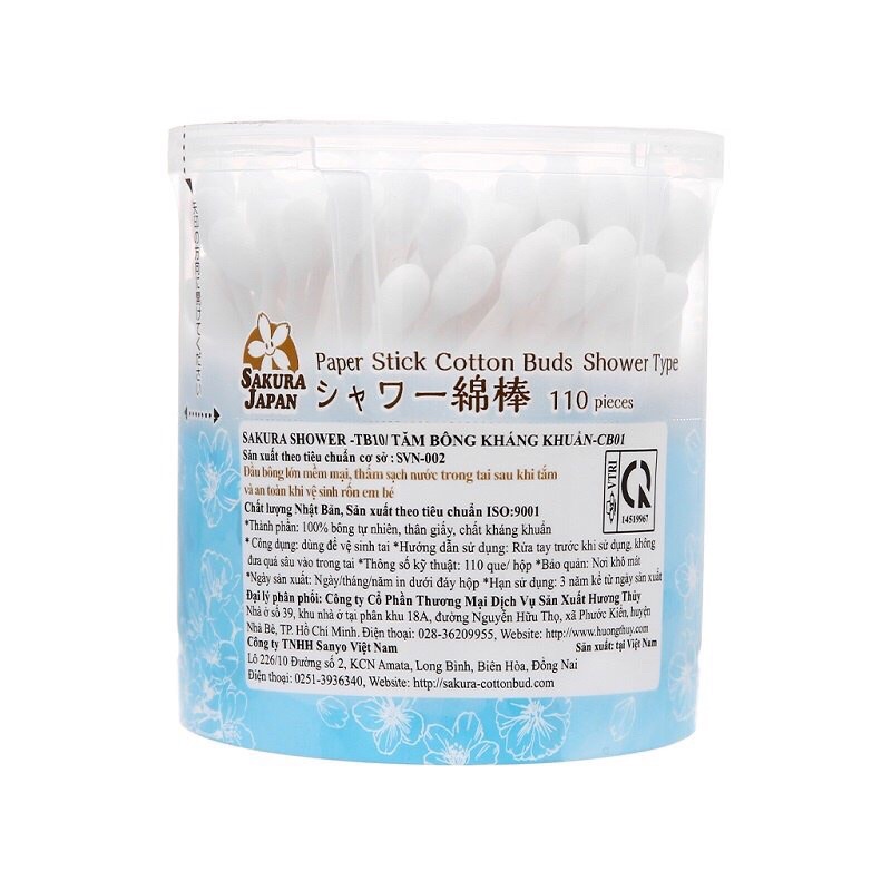 Tăm bông kháng khuẩn Sakura Shower TB10 thấm hút cao, đầu bông lớn, dùng sau khi tắm, vệ sinh rốn cho bé - 110 que