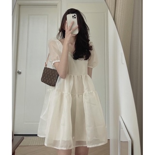 Đầm tơ babydoll tay phồng