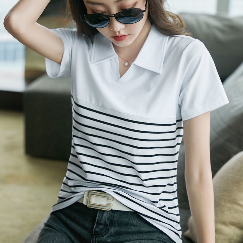 Áo polo Cotton Ngắn Tay Họa Tiết Kẻ Sọc Thời Trang Mùa Hè Cho Nữ