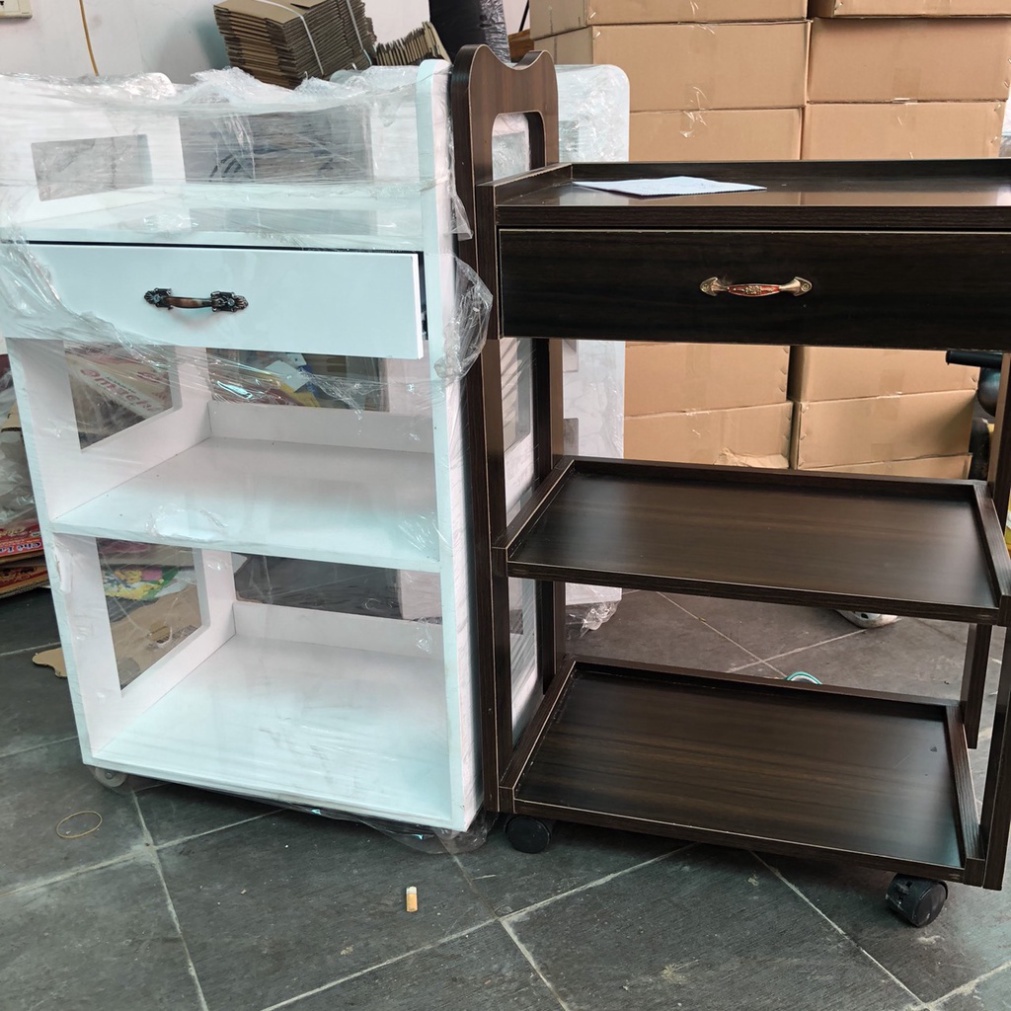Xe đẩy gỗ 3 tầng có bánh xe, có ngăn kéo
