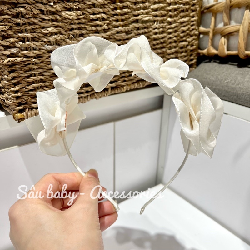 Bờm kẹp tóc hoa voan handmade đính hạt trai công chúa cho bé gái