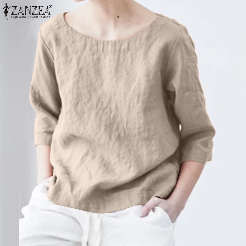 Zanzea Áo Kiểu Cổ Tròn Tay 3 / 4 Màu Trơn Dáng Rộng Thời Trang Cho Nữ