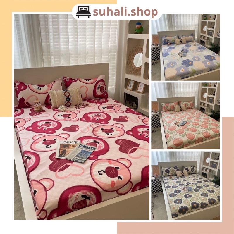 Set ga gối poly 3 món trải giường Suhali Shop siêu đẹp họa tiết đáng yêu, ga giường và 2 vỏ gối