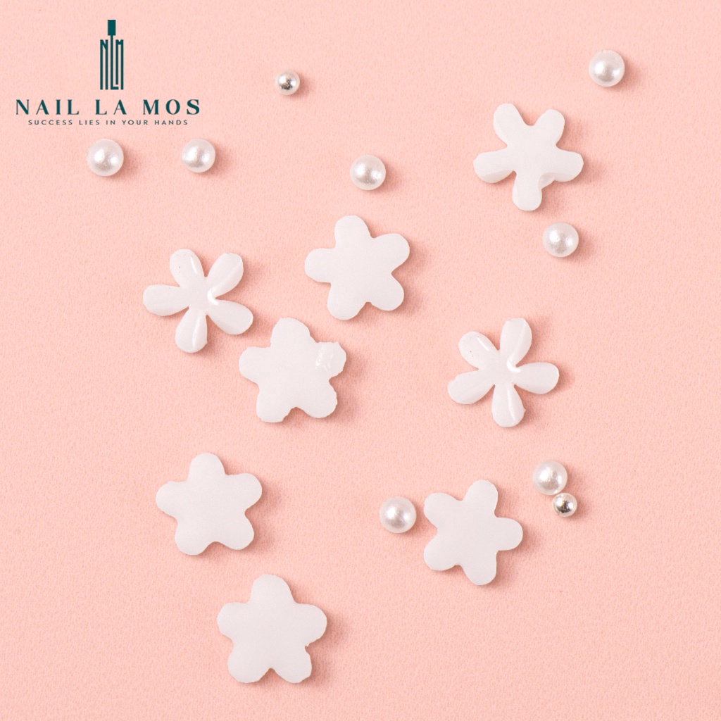 Phụ kiện hoa nhí nail mix bi - hoa sứ nhí nail màu trắng đính móng phong cách Hàn Nhật