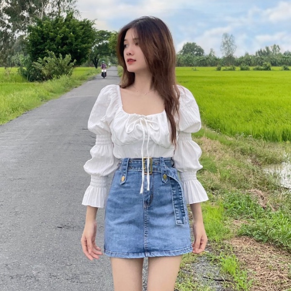 Áo kiểu tay dài cổ vuông cột nơ, áo trễ vai tay bồng ,áo bánh bèo babydoll chất đũi mềm siêu xinh PLA39