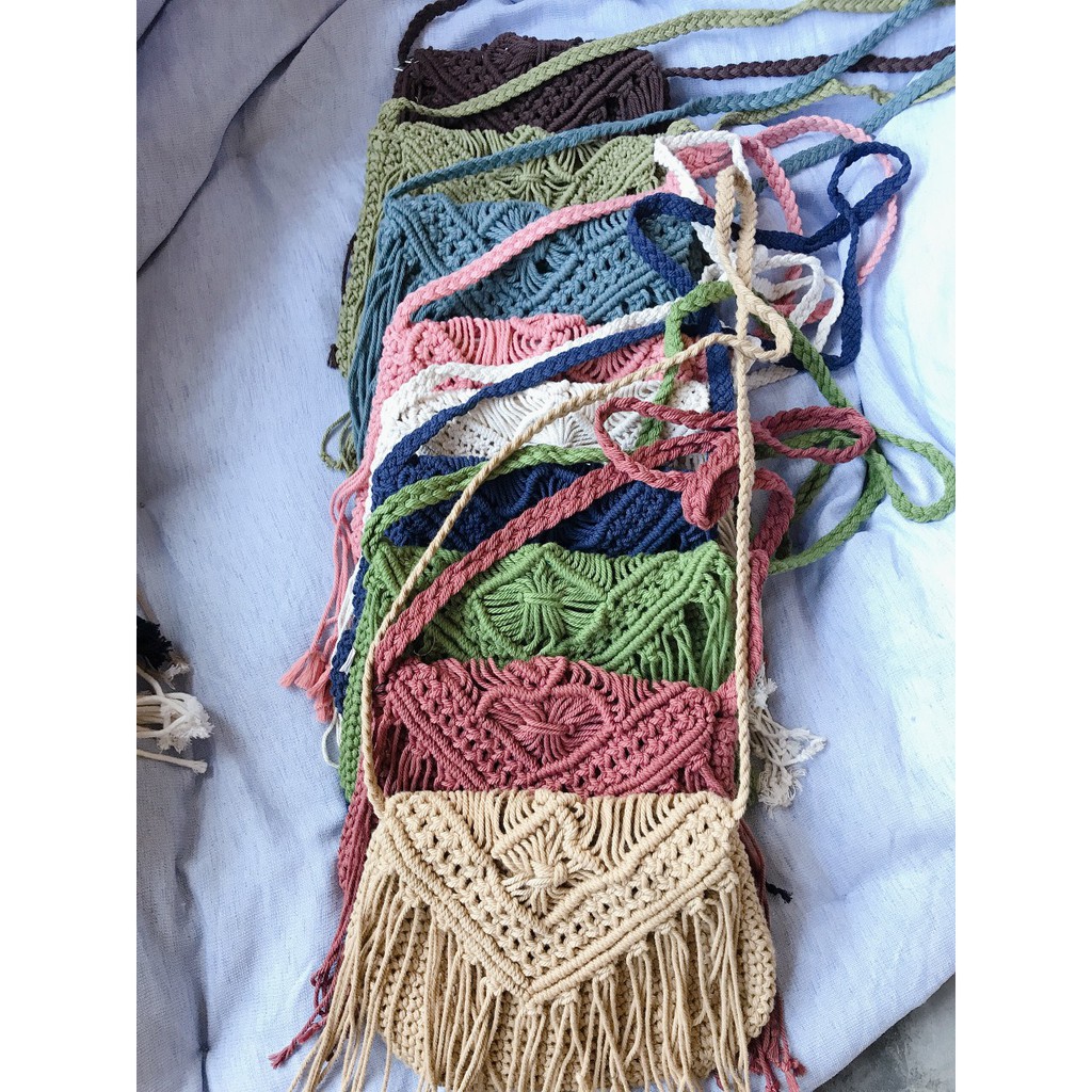 (TOP BÁN CHẠY MÙA HÈ) Túi Ví Macrame đi biển siêu xinh phong cách Boho Vintage handmade sợi nhỏ 26 * 20 cm, dây 140 cm