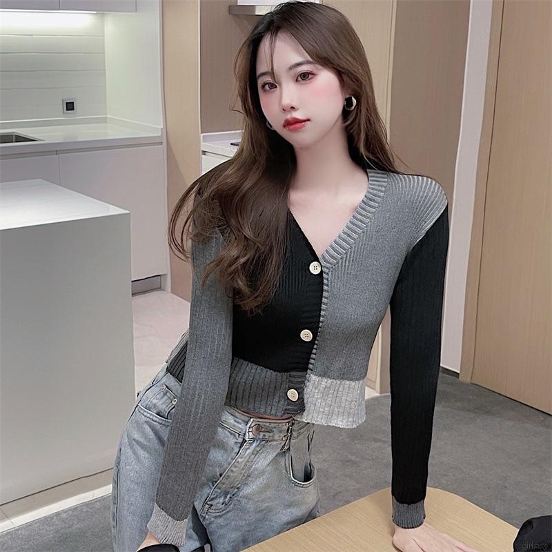 Áo Cardigan Dệt Kim Tay Dài Cổ Chữ V Màu Sắc Tương Phản Phong Cách Hàn Quốc Cho Nữ