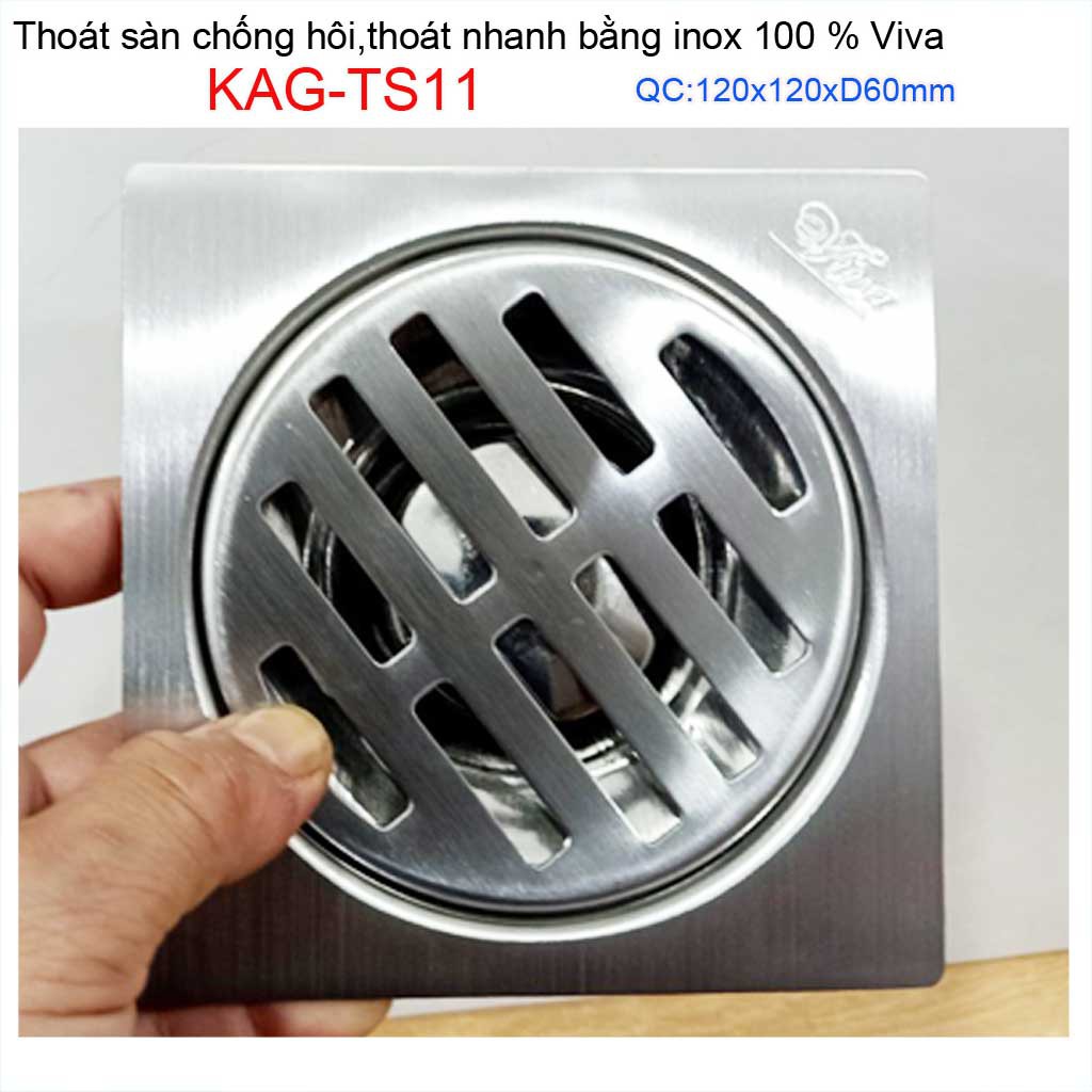 Hố ga thoát sàn Viva ống 6cm Inox mờ, phễu thoát nước chống hôi D60 vuông 12x12cm KAG-TS11