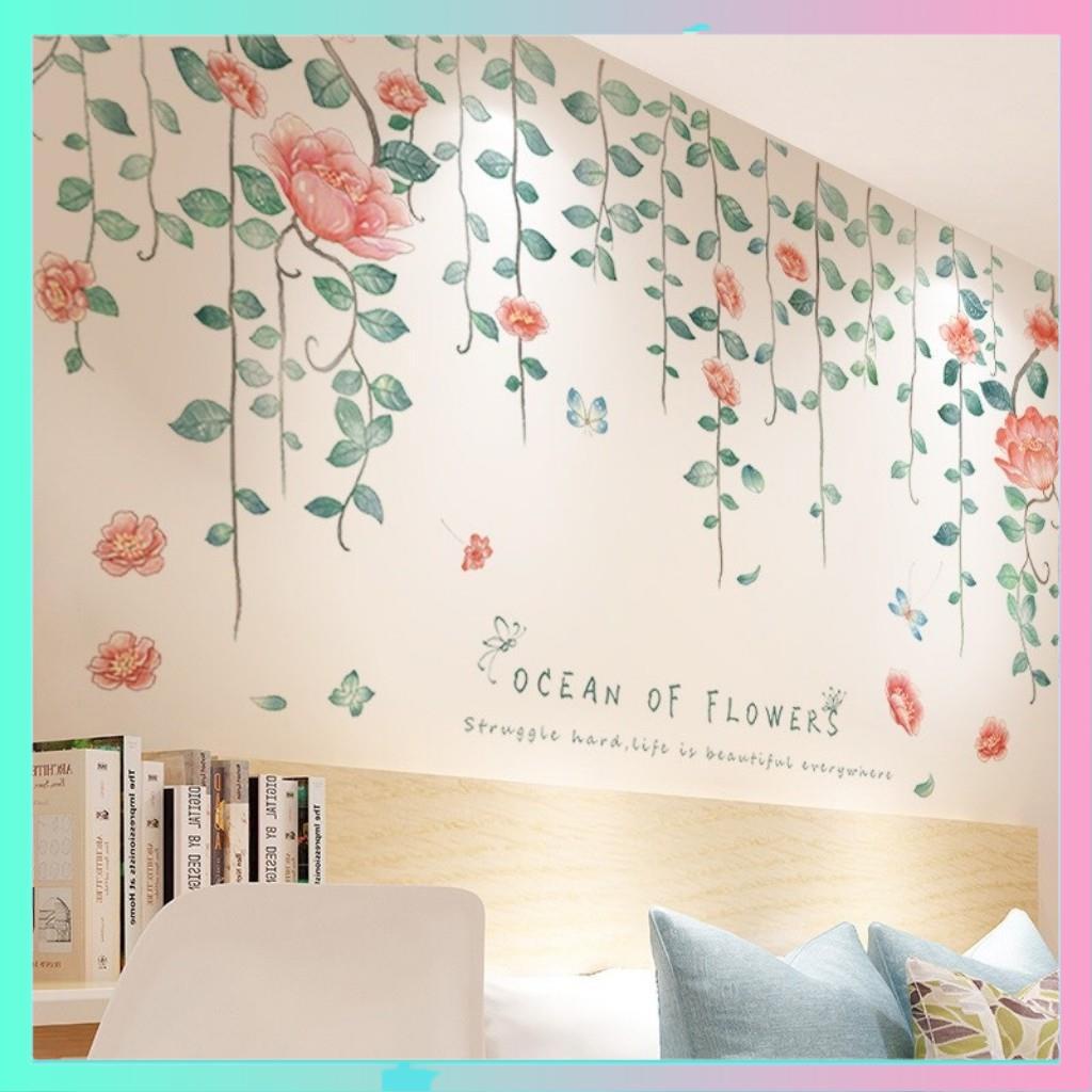 Decal dán tường dây hoa leo hồng, Tranh dán tường dây hoa leo hồng, trang trí phòng ngủ, phòng khách