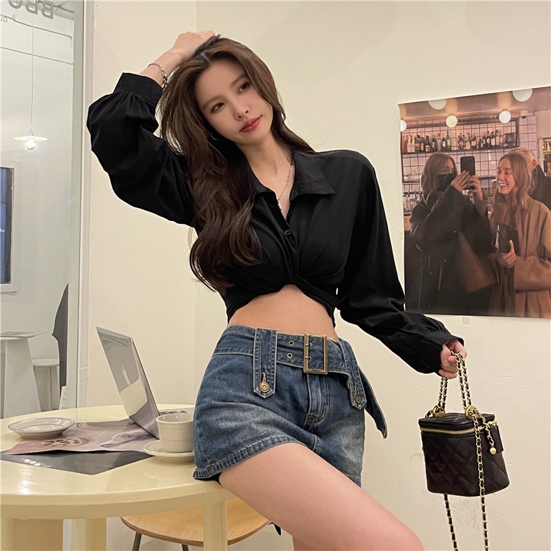 Áo Sơ Mi Tay Dài / Ngắn Phối Nút Thắt Nơ Xinh Xắn Thời Trang Cho Nữ