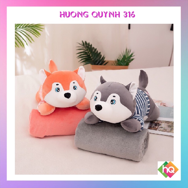 (HQ)Bộ chăn gối văn phòng Mền Gối Gấu Bông Chó Husky Mặt Ngáo 2 Trong 1