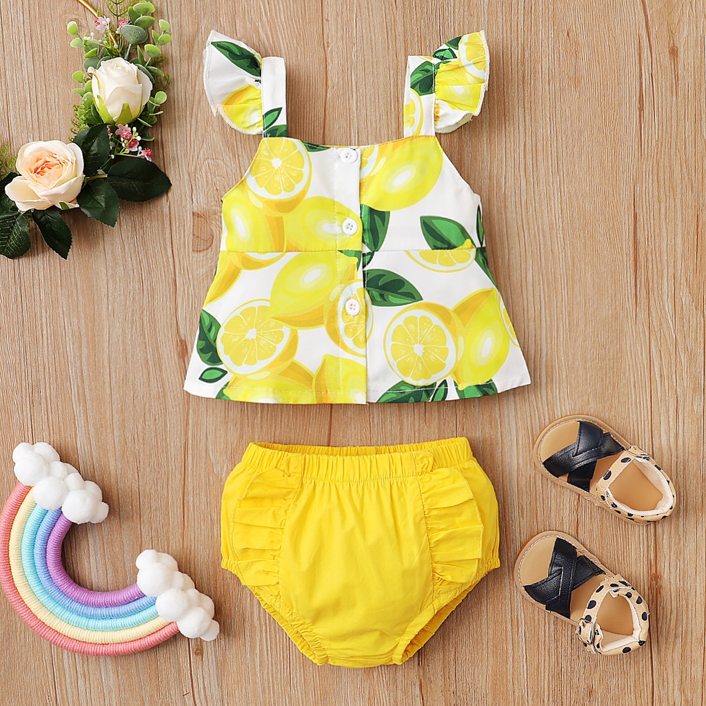 Bộ 2 món Mikrdoo in họa tiết chanh thời trang mùa hè với quần ngắn tam giác dễ thương thời trang dành cho bé gái