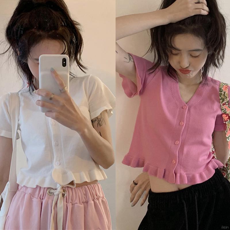 Áo ngắn tay dệt kim cổ chữ V có nếp gấp lộ rốn cho nữ