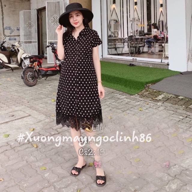 Váy bầu sơ mi lụa phối ren - Váy bầu thiết kế V42 (về 2 loại đen trơn và chấm bi)