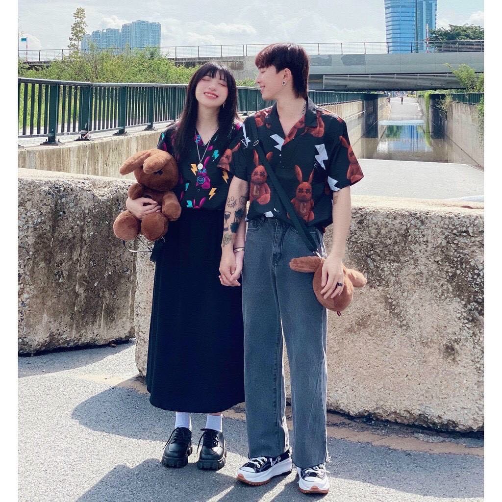 Áo sơ mi lụa nam nữ form rộng tay lở in họa tiết chú gấu cực dễ thương, chất lụa mềm mịn, thoáng mát