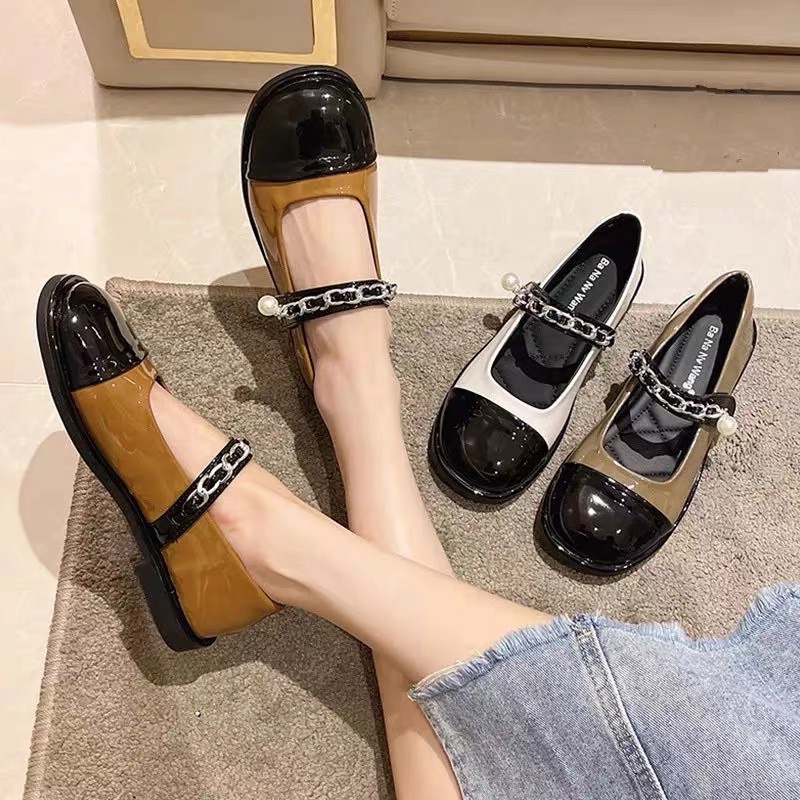 (HÀNG CÓ SẴN) 159 Giày Mary Jane da bóng mũi tròn quai ngang viền xích BIG SIZE 40-41-42