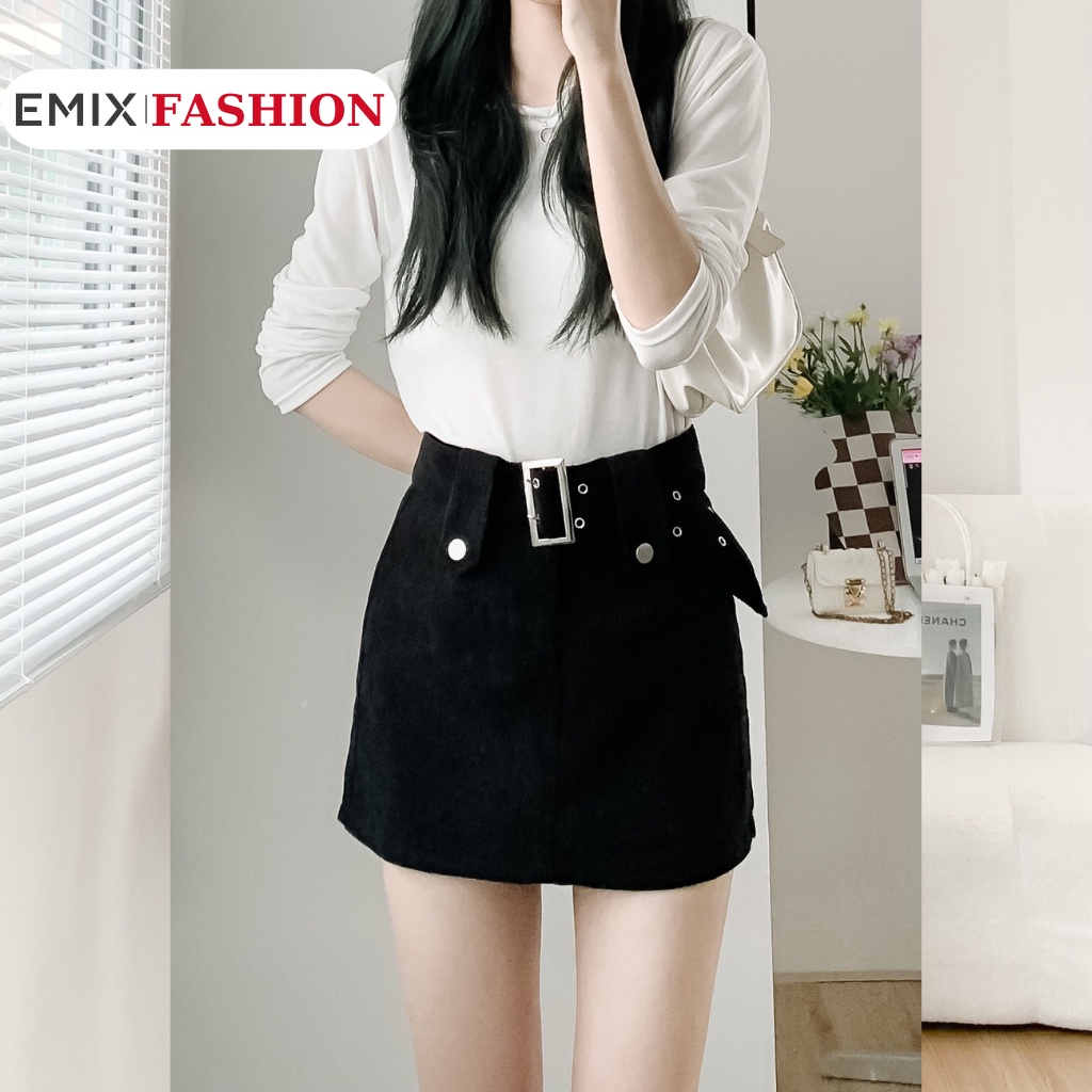 Chân váy mini chữ A EMIX, chất nhung kèm đai, cạp cao, ôm, có lót trong 891