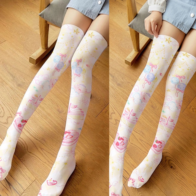Vớ dài qua gối in hình bánh kem dâu/ bong bóng hoạt hình phong cách Lolita ngọt ngào dễ thương cho nữ